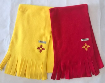 Fleece Scarf with Zia Embroidery: New Mexico state flag Colors, one size, washable, Made in Santa Fe, NM