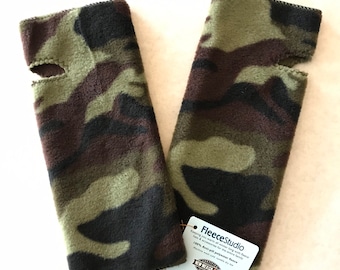 Green Camo Fleece Wrist Warmers, Gifts for women, gifts for teens, one size, washable, Made in Santa Fe, NM, Texting Gloves