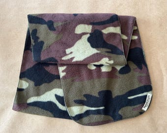 Green Camo Fleece Scarf with rounded corners, gifts for men, gifts for women, gifts for veterans, one size, washable, Made in Santa Fe, NM