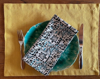 Turtle Print Cotton Napkins, Turquoise, black and cream print, washable, made in Santa Fe, NM