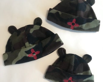 Green Camo Fleece Bear Ears Hat with Zia Embroidery, washable, three sizes for babies, toddlers & bigger kids, made in Santa Fe, NM