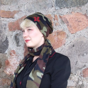 Camo Fleece Beanie: Embroidered Zia Symbol, Made in New Mexico