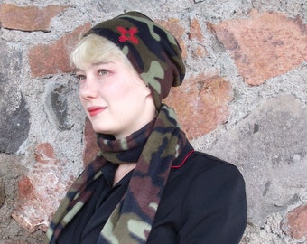 Camo Fleece Beanie: Embroidered Zia Symbol, Made in New Mexico