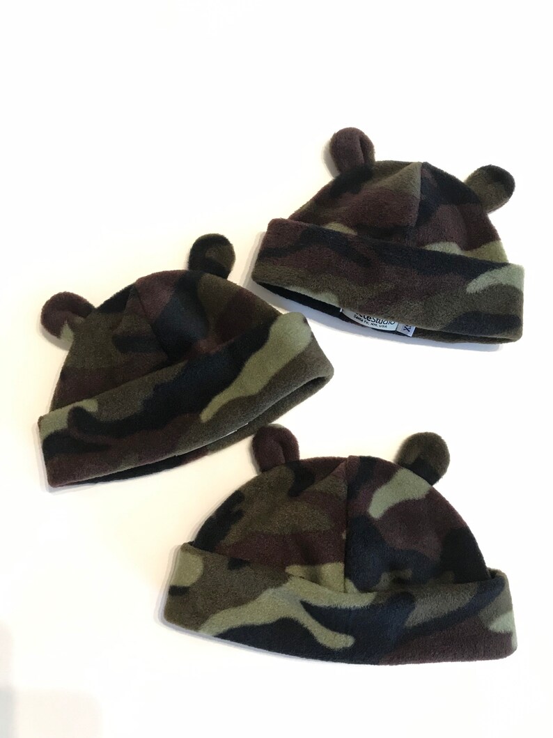 Green Camo Fleece Bear Ears, Bear Ears hat for babies and kids, Green Camo Bear Ears hat, washable, three sizes for babies, toddlers, kids image 6