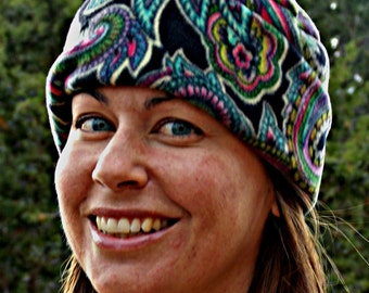 Paisley Floral Fleece Hat for teens and adults, Round Cuffed hat in Paisley, Three sizes, Made in Santa Fe, NM, Adjustable Cuff, Washable