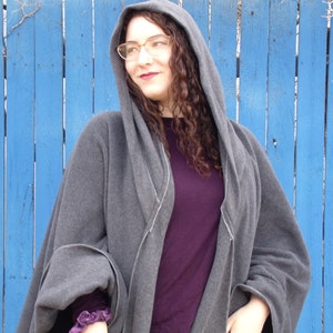 Fleece Ruana with hood, Charcoal fleece wrap with hood, Machine washable, one size for most, handmade in Santa Fe, NM