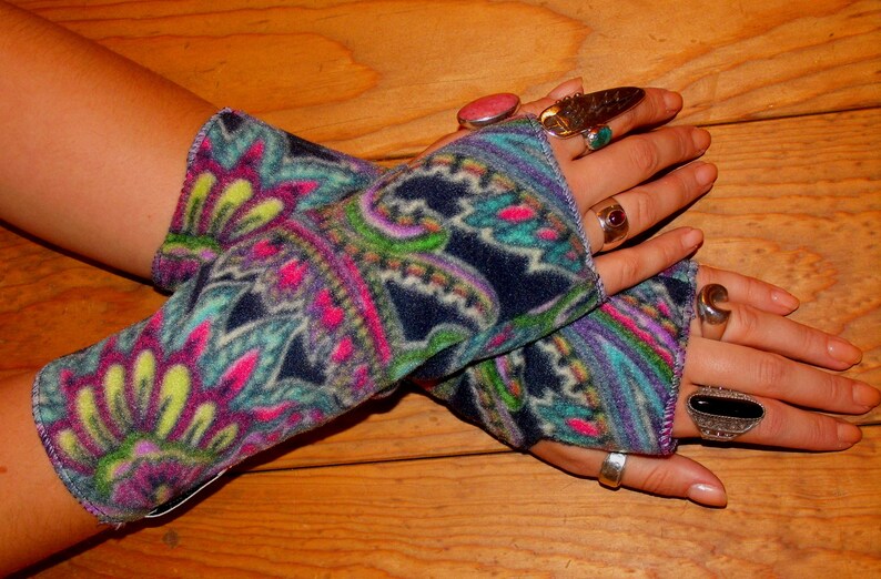 Fleece Wrist Warmers, Paisley Fleece Arm Warmers, Gifts for women, gifts for teens, texting gloves, machine washable, one size. image 5