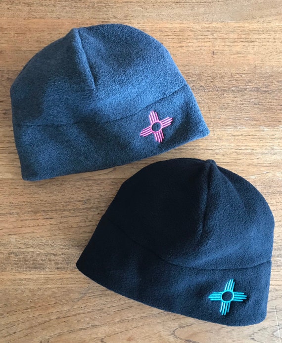 Fleece Beanie With Zia Embroidery, Charcoal With Pink Zia