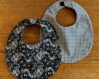 Music Notes & Black Check reversible cotton baby bib, washable, Made in Santa Fe, NM