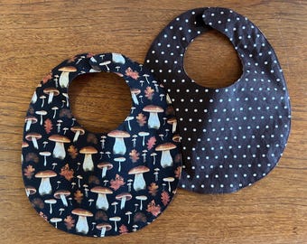 Mushrooms Print reversible cotton baby bib, Brown Polka Dot, washable, made in Santa Fe, NM