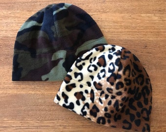 Fleece Beanie, Green Camo or Cheetah Print fleece, Washable, three sizes for teens and adults, Made in Santa Fe, NM