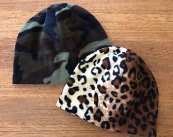 Fleece Beanie, Green Camo fleece beanie, Cheetah print fleece beanie, Fleece Studio Beanie, Gifts for women, gifts for teens, washable