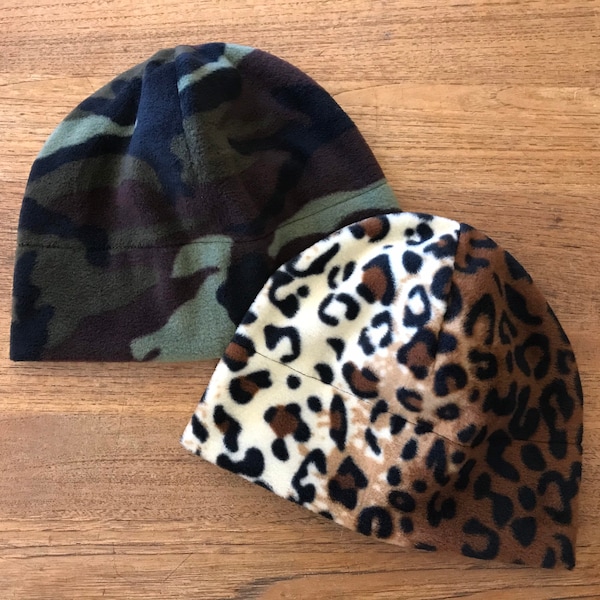 Fleece Beanie, Green Camo fleece beanie, Cheetah print fleece beanie, Fleece Studio Beanie, Gifts for women, gifts for teens, washable