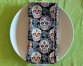 Sugar Skulls print cotton napkins, Day of the Dead napkins, Dia de las Muertas napkins, washable, Made in Santa Fe, 12+ earn free shipping