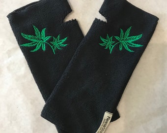 Black fleece Wrist Warmers with Cannabis embroidery, Cannabis texting gloves, 420 Fingerless gloves with Cannabis leaves, gifts for women
