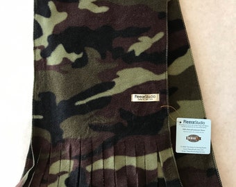 Green Camo Fleece Scarf with Fringe, gifts for men, gifts for women, gifts for veterans, one size, washable, Made in Santa Fe, NM