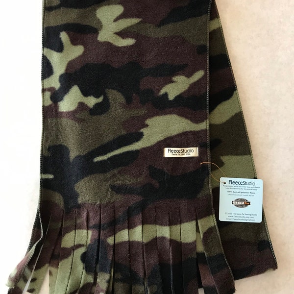 Green Camo Fleece Scarf with fringe, Green Camo print fleece, washable, one size for adults, gifts for men, gifts for teachers.