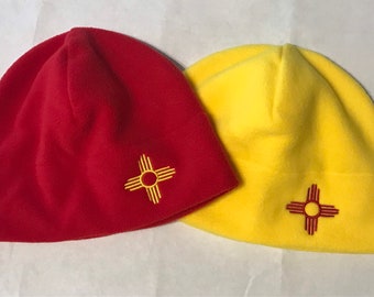 Embroidered Zia Fleece Beanie, New Mexico State Flag Colors, Red beanie with yellow Zia, Yellow Beanie with Red Zia, Made in Santa Fe, NM