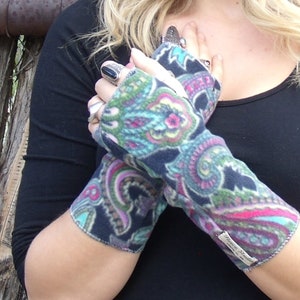 Fleece Wrist Warmers, Paisley Fleece Arm Warmers, Gifts for women, gifts for teens, texting gloves, machine washable, one size. image 2