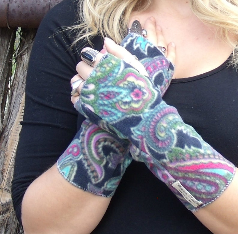 Fleece Wrist Warmers, Paisley Fleece Arm Warmers, Gifts for women, gifts for teens, texting gloves, machine washable, one size. image 2