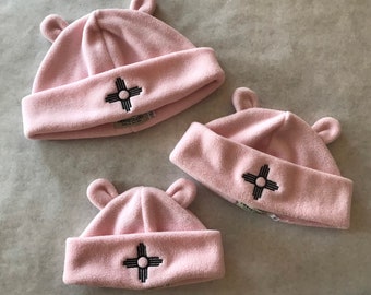 Light Pink Fleece Zia Bear Ears Hat for babies, kids, & adults, washable, Made in Santa Fe, NM
