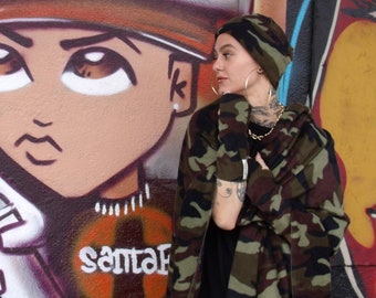 Green Camo Fleece Hat with cuff, Round cuffed hat in green camo for Adults & Teens, three sizes, washable, Made in Santa Fe, NM