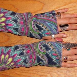 Fleece Wrist Warmers, Paisley Fleece Arm Warmers, Gifts for women, gifts for teens, texting gloves, machine washable, one size. image 1