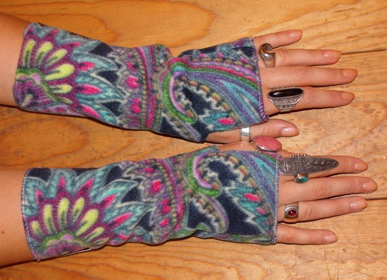 Fleece Wrist Warmers, Paisley Fleece Arm Warmers, Gifts for women, gifts for teens, texting gloves, machine washable, one size. image 1