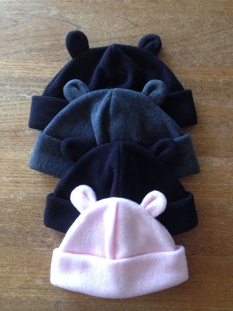 Fleece Bear Ears hat, Sizes for infants, kids & adults, Black, Charcoal Grey, Light Pink, Red, Brown, soft, Washable, adjustable cuff image 1
