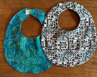 Turtles & Blue Batik reversible cotton baby bib, Baby shower gifts, washable, one size, made in Santa Fe, NM
