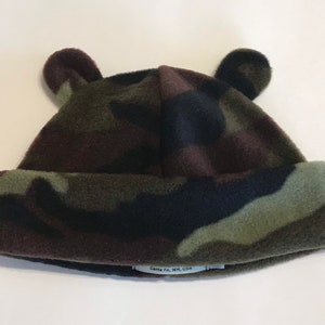 Green Camo Fleece Bear Ears, Bear Ears hat for babies and kids, Green Camo Bear Ears hat, washable, three sizes for babies, toddlers, kids image 1