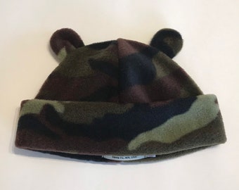 Green Camo Fleece Bear Ears Hat: Baby Toddler Kids