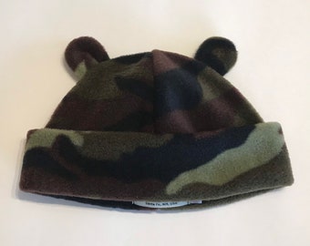 Green Camo Fleece Bear Ears, Bear Ears hat for babies and kids, Green Camo Bear Ears hat, washable, three sizes for babies, toddlers, kids