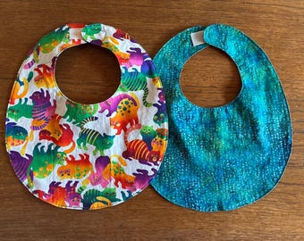 Rainbow Cats Print reversible cotton baby bib, washable, made in Santa Fe, NM