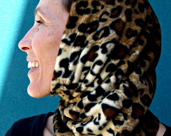 Fleece Three-In-One Hood, headband and neck gator, Cheetah print fleece, fits under helmet (motorcycle/snowboarding) as neck gator, washable