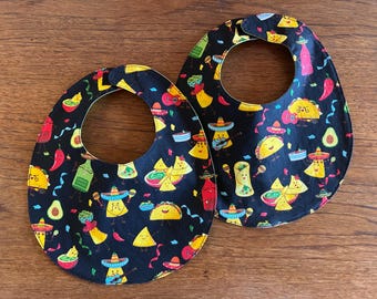 Taco Party print reversible cotton baby bib, Baby Shower gifts, Washable, one size, Made from leftover fabrics from making masks in 2020.