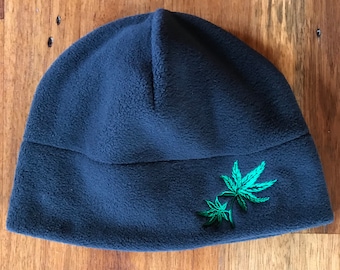 Black fleece beanie with Cannabis leaf embroidery, 420 Fleece Beanie, Cannabis fleece beanie, Gifts for adults, washable, Made in New Mexico