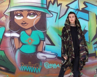 Camo Fleece Ruana with Hood, Green Camo print fleece ruana with hood, two sizes, washable, gifts for women and teens, gifts for men