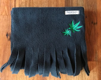 Fleece scarf with Cannabis leaf embroidery, Black fleece scarf with Fan Leaf embroidery, 420 Gifts, Gifts for men, Made in New Mexico