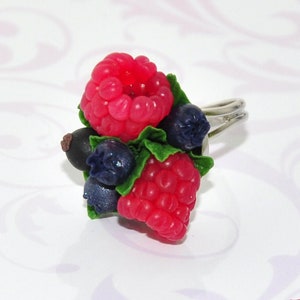 Raspberries cocktail ring Berries adjustable ring Fruit jewelry ring Berry statement ring Berries cocktail ring gift Blueberry jewelry ring