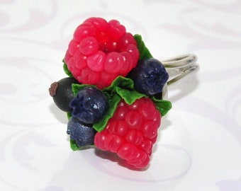 Raspberries cocktail ring Berries adjustable ring Fruit jewelry ring Berry statement ring Berries cocktail ring gift Blueberry jewelry ring