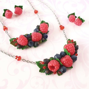 Rraspberry necklace Berry necklace Fruit necklace Berry jewelry set Fruit jewelry Blueberry necklace Raspberry earrings Clay berry jewelry