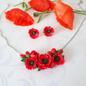 Set di gioielli con papaveri Collana con papaveri rossi, regalo per matrimonio con fiori di campo, regalo di papaveri, gioielli con papaveri rossi, collana floreale rossa, regalo per collana con fiori rossi