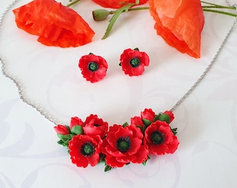 Conjunto de joyería de amapola, regalo de collar de amapola roja, regalo de amapola de boda de flores silvestres, joyería de amapola roja, collar floral rojo, regalo de collar de flor roja