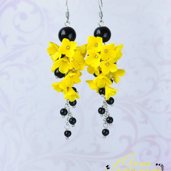 Black Yellow earrings Flower Yellow earrings Yellow Long Earrings Flowers Wife gift Bright flower earrings Yellow Floral earring Flower Long