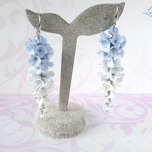 Light blue bridal earrings Blue flower earrings Light blue earrings Blue white earrings gift Blue long earrings Light blue wedding earrings