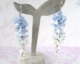 Light blue bridal earrings Blue flower earrings Light blue earrings Blue white earrings gift Blue long earrings Light blue wedding earrings