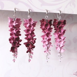 Pink Burgundy Ombre Earrings Flower long earrings Pink Burgundy Ombre jewelry Pink floral earrings Pink Ombre Earrings Flower trendy earring
