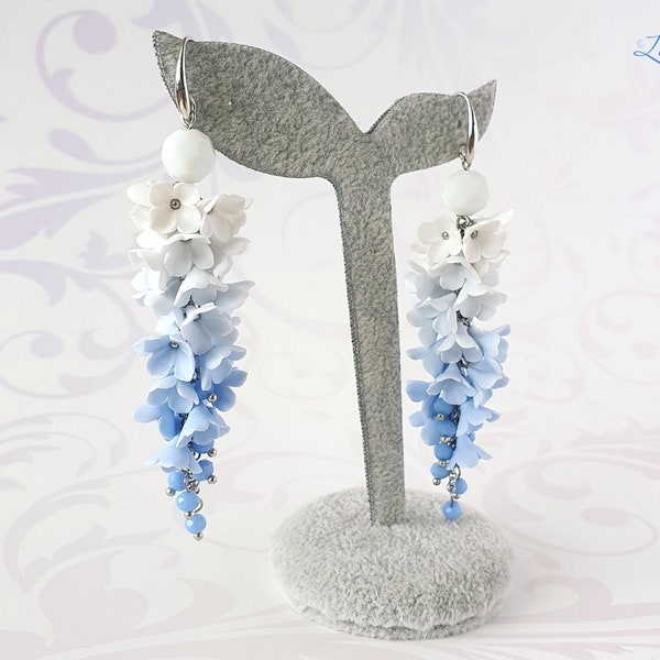 Bridal flower earrings Light blue bridal earrings Blue petal earrings Blue long earrings Light blue wedding earrings Blue floral earrings
