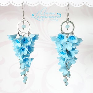 Light blue earrings Blue long earring Blue flower earrings gift Sky blue earrings Floral long earring Light blue jewelry Blue flower jewelry